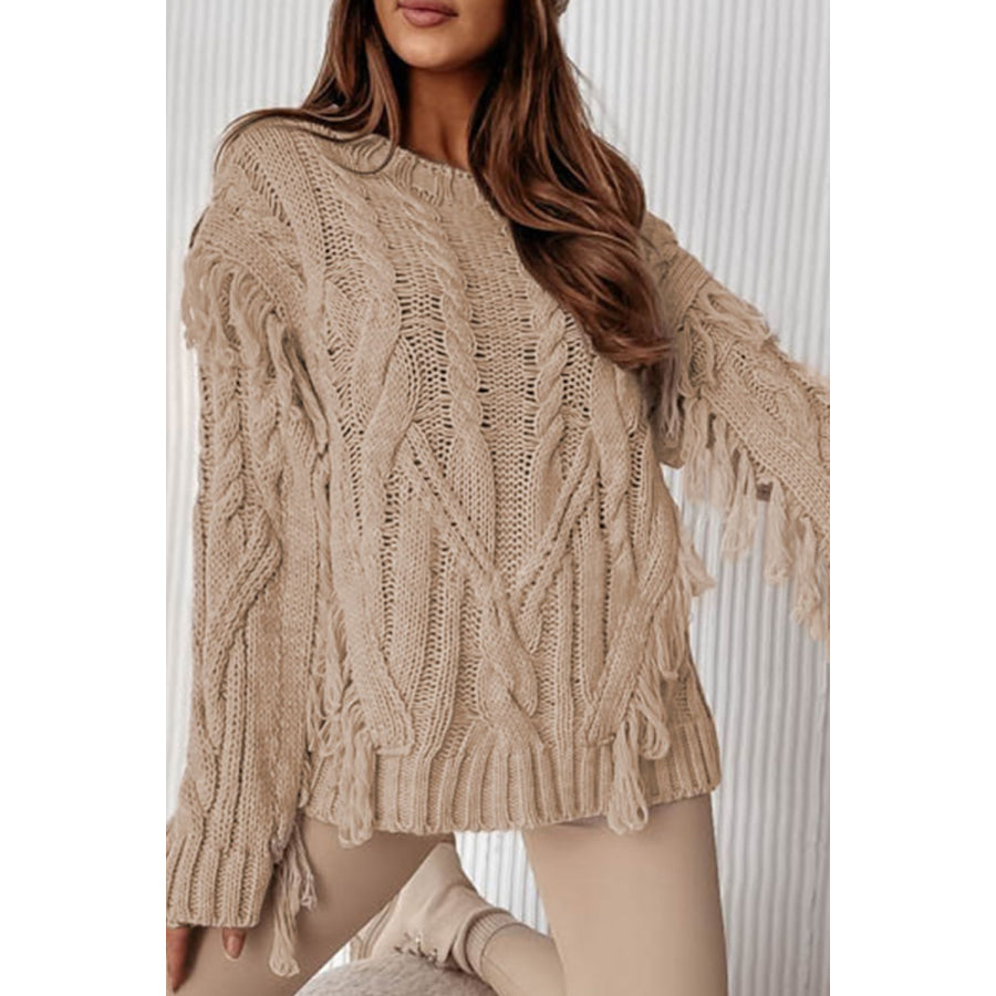 Cable Knit Fringe Round Neck Long Sleeve Sweater Khaki / S Apparel and Accessories