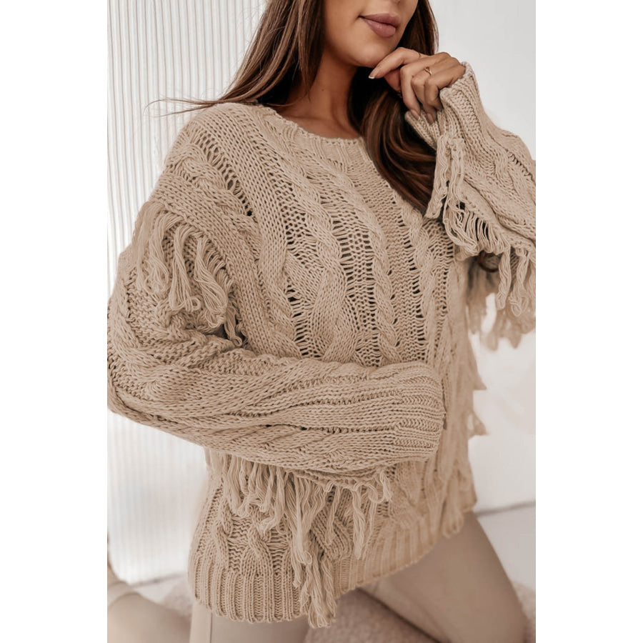 Cable Knit Fringe Round Neck Long Sleeve Sweater Khaki / S Apparel and Accessories