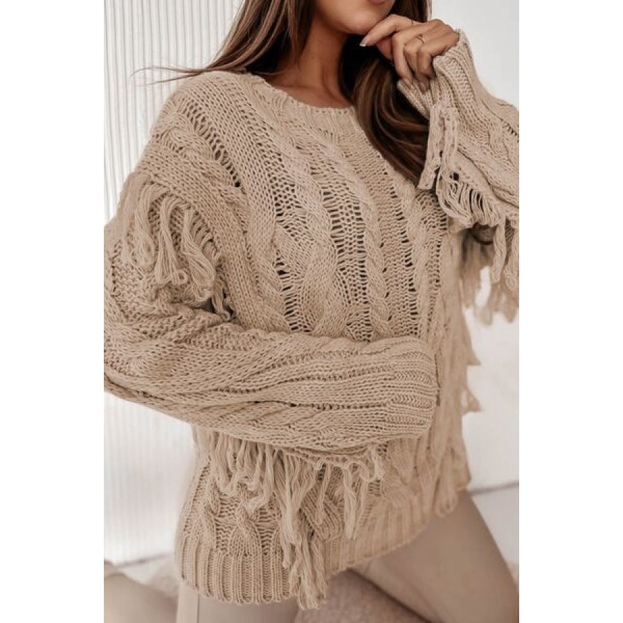 Cable-Knit Fringe Round Neck Sweater Camel / S Clothing