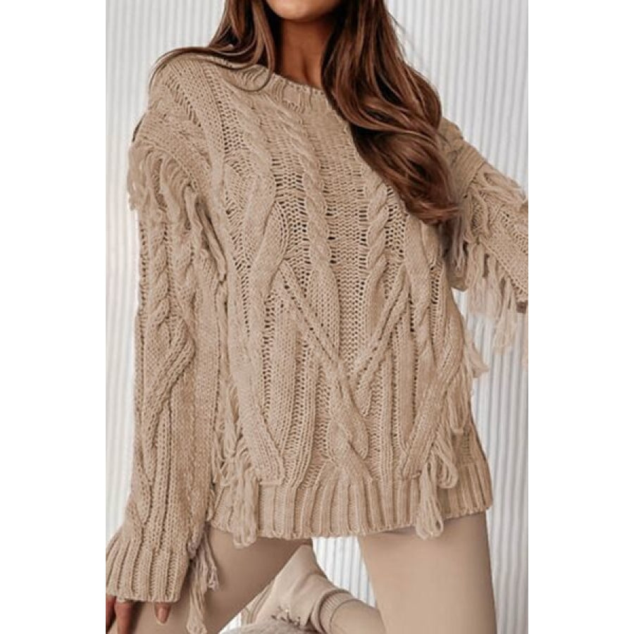 Cable-Knit Fringe Round Neck Sweater Camel / S Clothing
