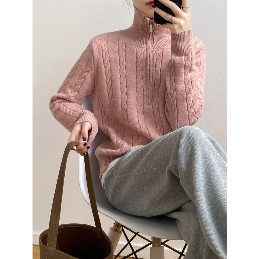 Cable-Knit Half Zip Long Sleeve Sweater Apparel and Accessories