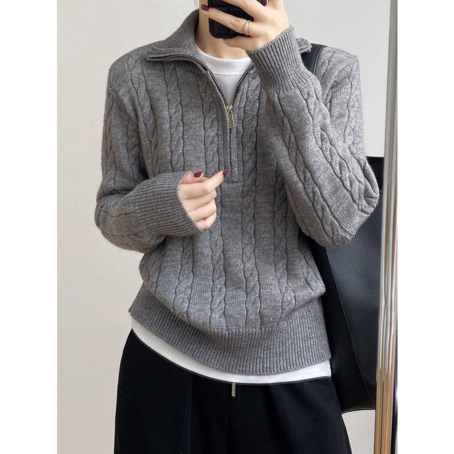 Cable-Knit Half Zip Long Sleeve Sweater Dark Gray / One Size Apparel and Accessories