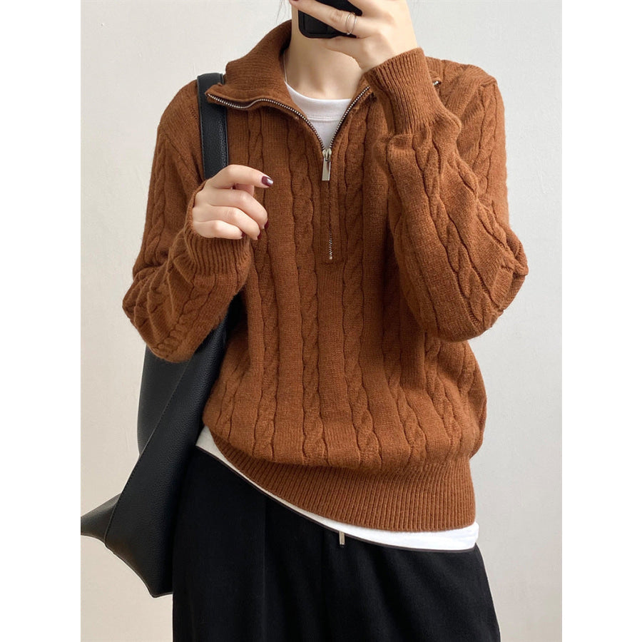 Cable-Knit Half Zip Long Sleeve Sweater Apparel and Accessories