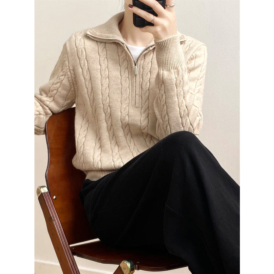 Cable-Knit Half Zip Long Sleeve Sweater Beige / One Size Apparel and Accessories