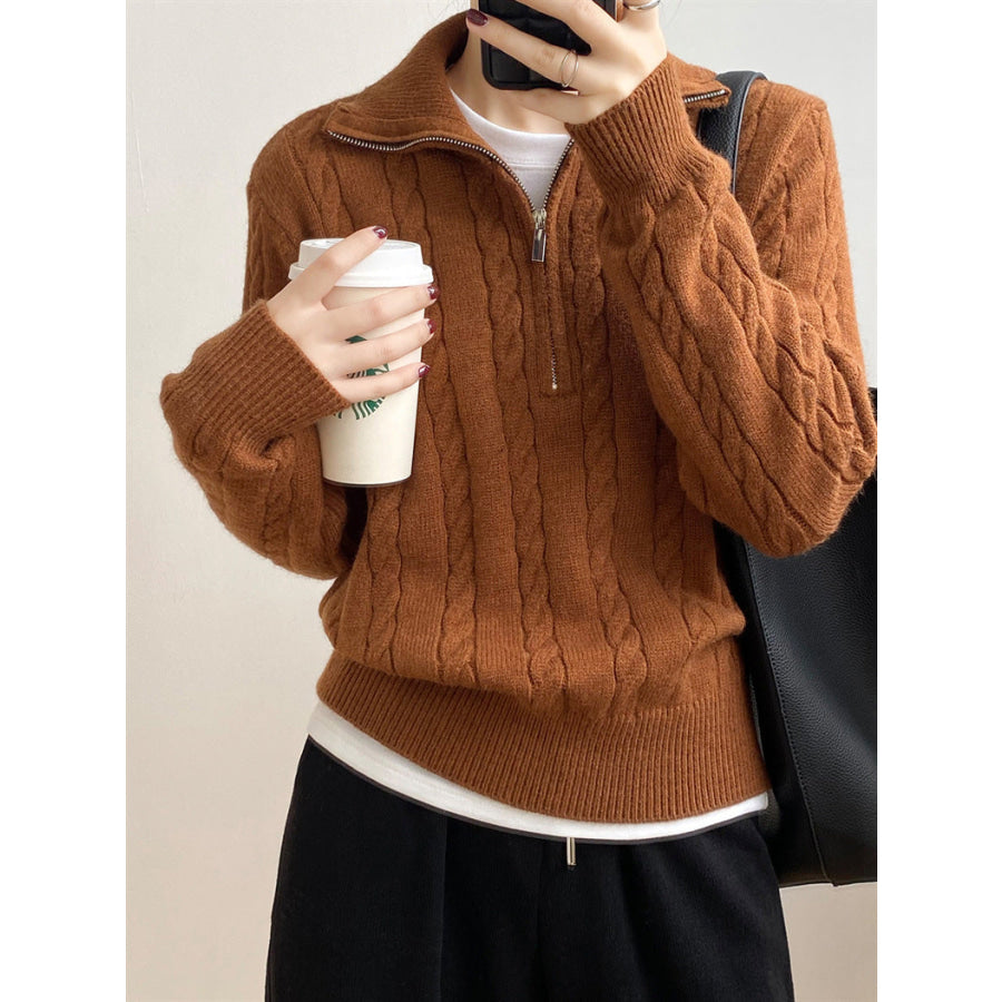 Cable-Knit Half Zip Long Sleeve Sweater Caramel / One Size Apparel and Accessories