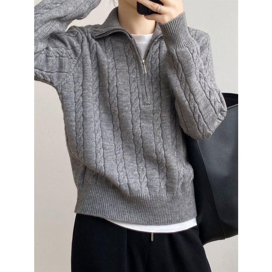 Cable-Knit Half Zip Long Sleeve Sweater Dark Gray / One Size Apparel and Accessories