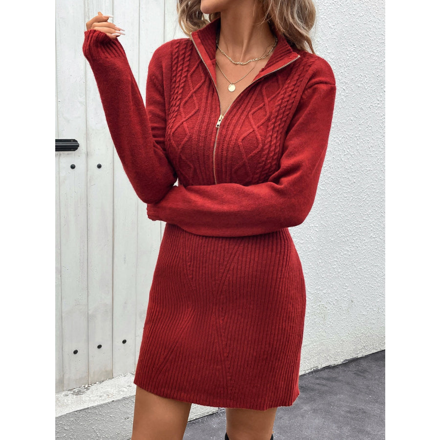 Cable-Knit Half Zip Long Sleeve Sweater Dress Apparel and Accessories