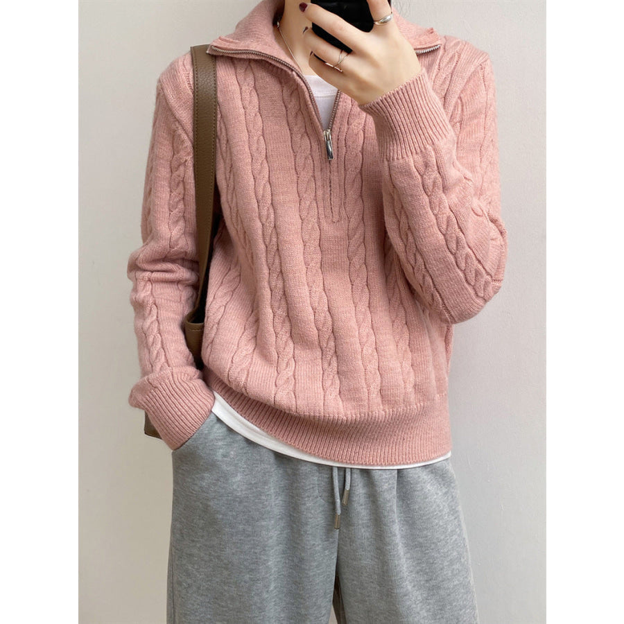 Cable-Knit Half Zip Long Sleeve Sweater Dusty Pink / One Size Apparel and Accessories