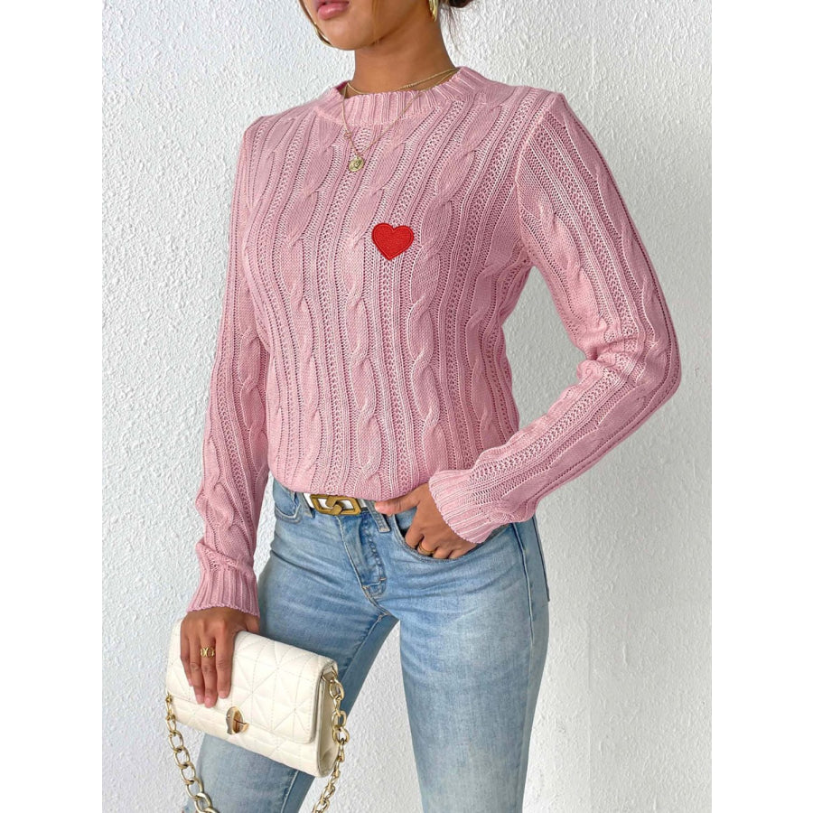 Cable-Knit Heart Round Neck Long Sleeve Sweater Apparel and Accessories