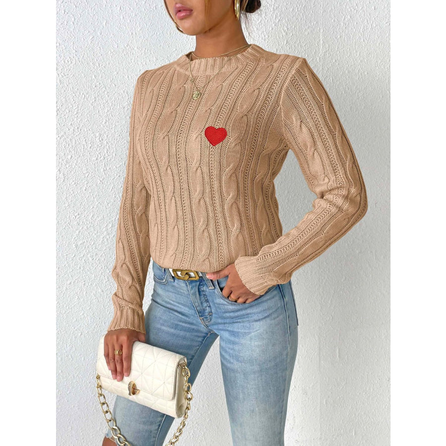 Cable-Knit Heart Round Neck Long Sleeve Sweater Apparel and Accessories