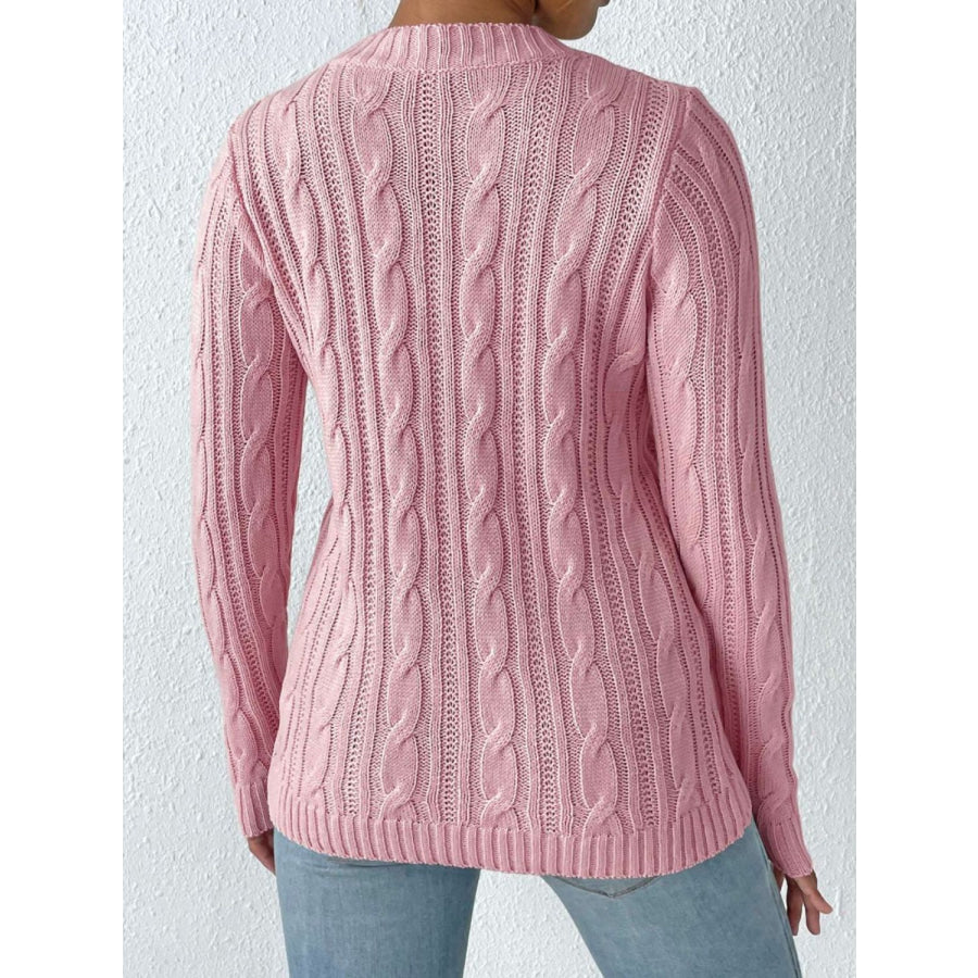 Cable-Knit Heart Round Neck Long Sleeve Sweater Apparel and Accessories