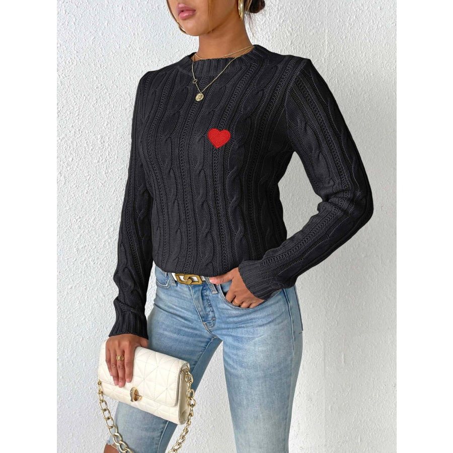 Cable-Knit Heart Round Neck Long Sleeve Sweater Apparel and Accessories