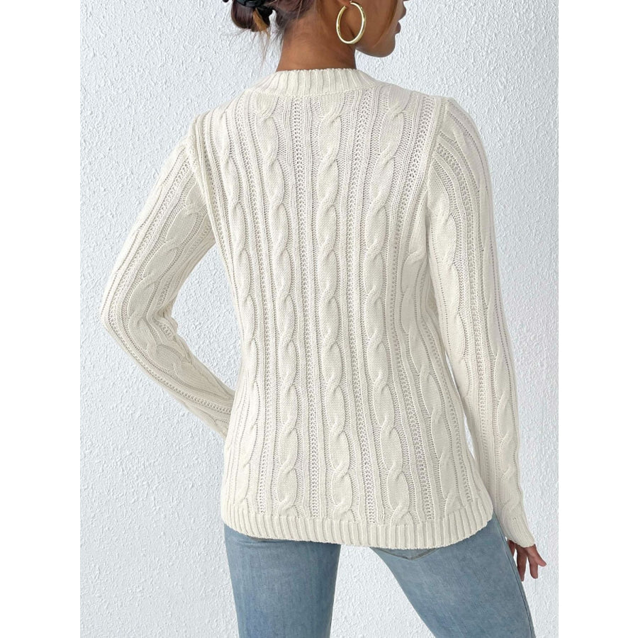 Cable-Knit Heart Round Neck Long Sleeve Sweater Apparel and Accessories