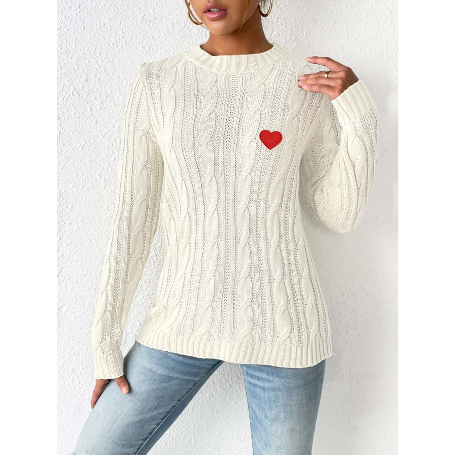 Cable-Knit Heart Round Neck Long Sleeve Sweater Apparel and Accessories