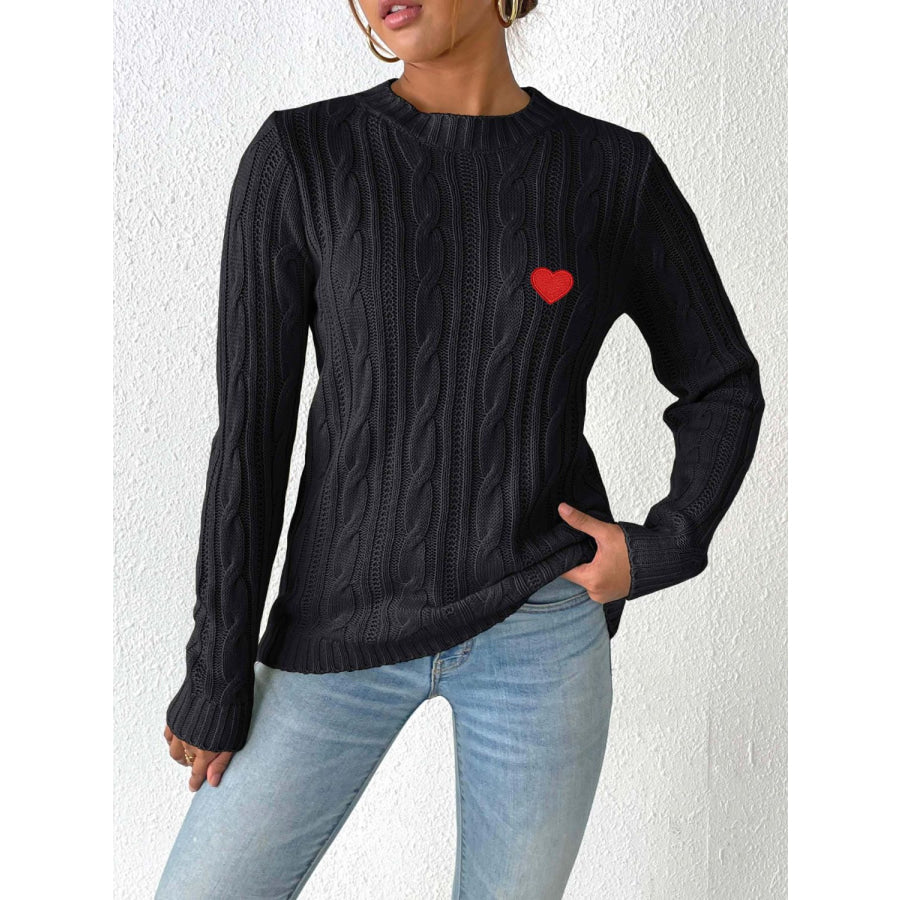 Cable-Knit Heart Round Neck Long Sleeve Sweater Black / S Apparel and Accessories