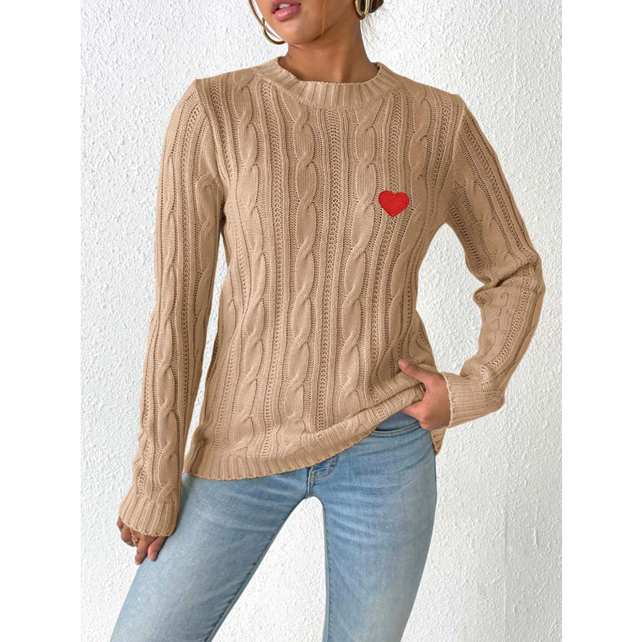 Cable-Knit Heart Round Neck Long Sleeve Sweater Camel / S Apparel and Accessories