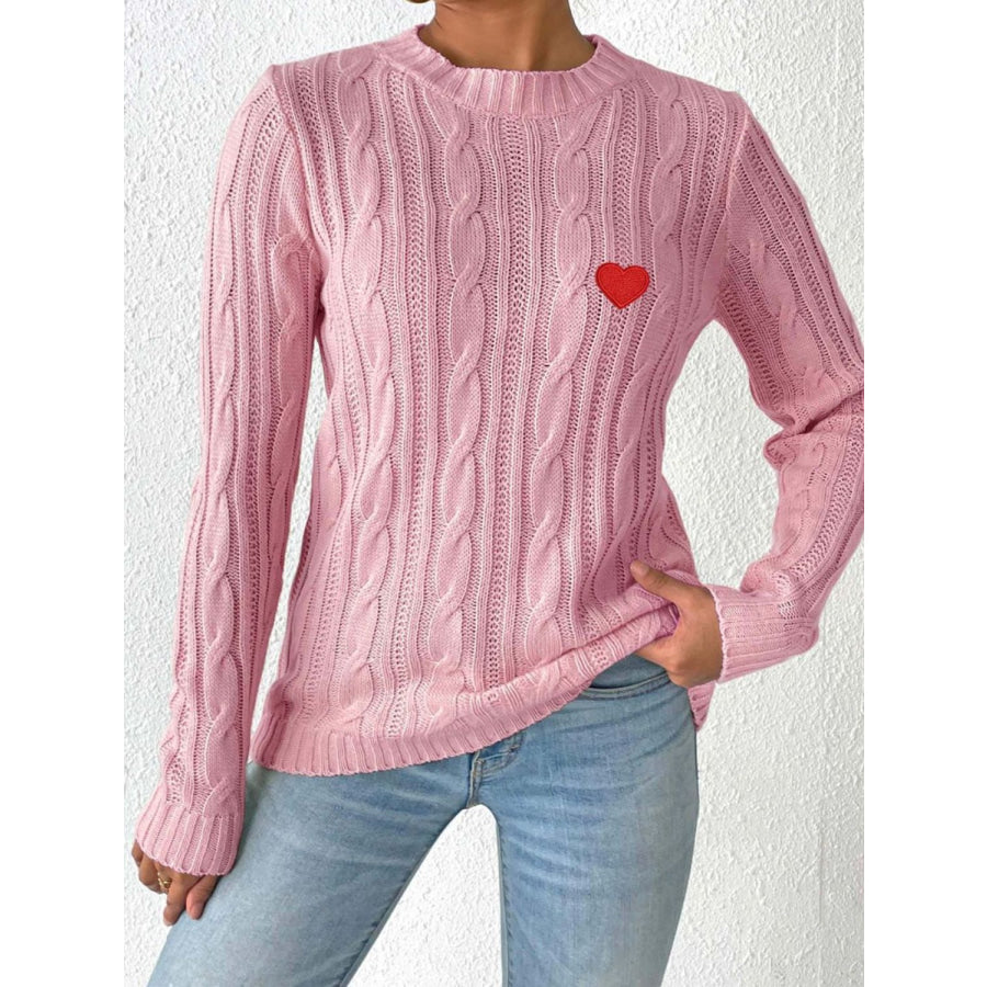 Cable-Knit Heart Round Neck Long Sleeve Sweater Dusty Pink / S Apparel and Accessories