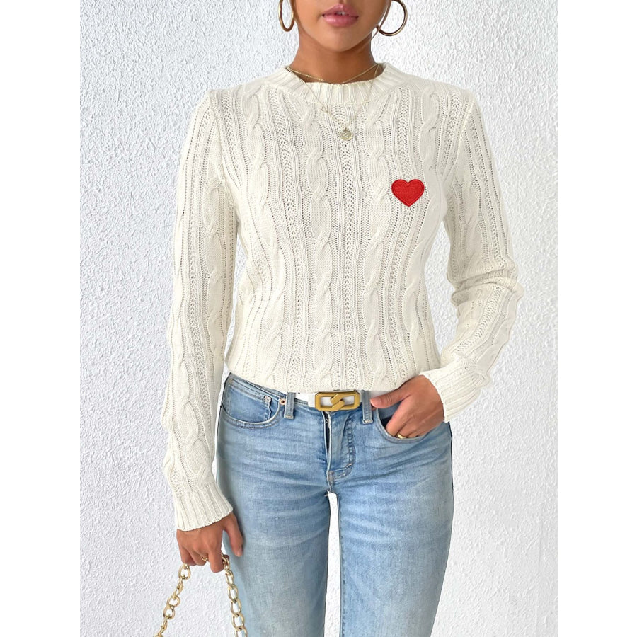 Cable-Knit Heart Round Neck Long Sleeve Sweater White / S Apparel and Accessories