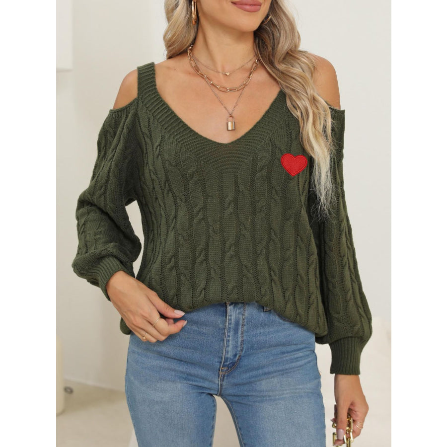 Cable-Knit Heart V-Neck Sweater Army Green / S Apparel and Accessories