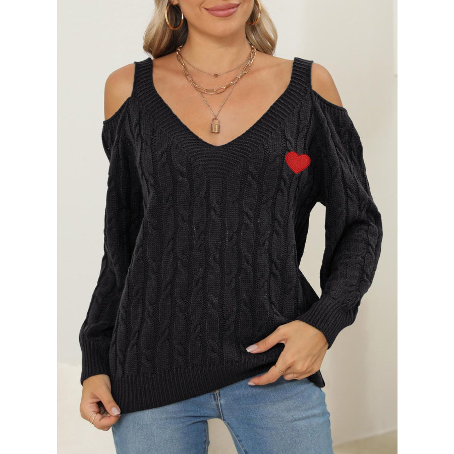 Cable-Knit Heart V-Neck Sweater Black / S Apparel and Accessories