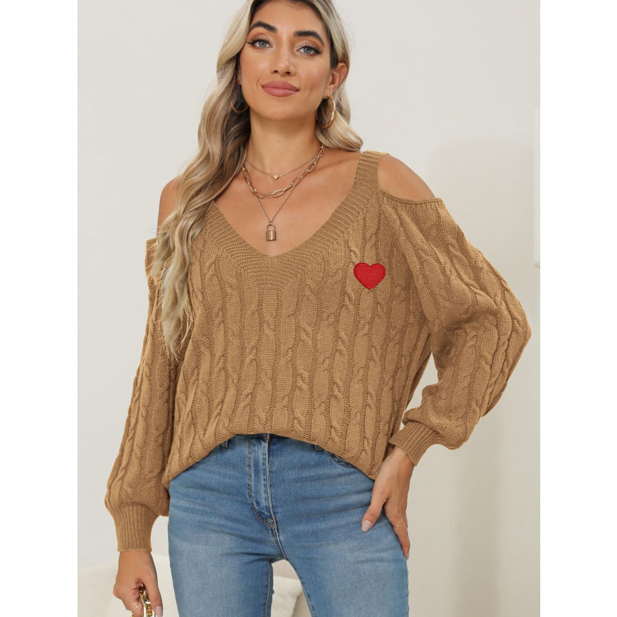 Cable-Knit Heart V-Neck Sweater Camel / S Apparel and Accessories