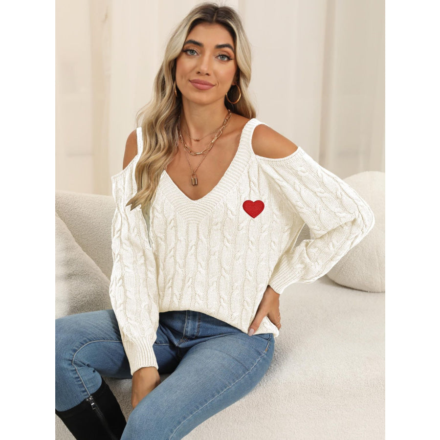 Cable-Knit Heart V-Neck Sweater White / S Apparel and Accessories