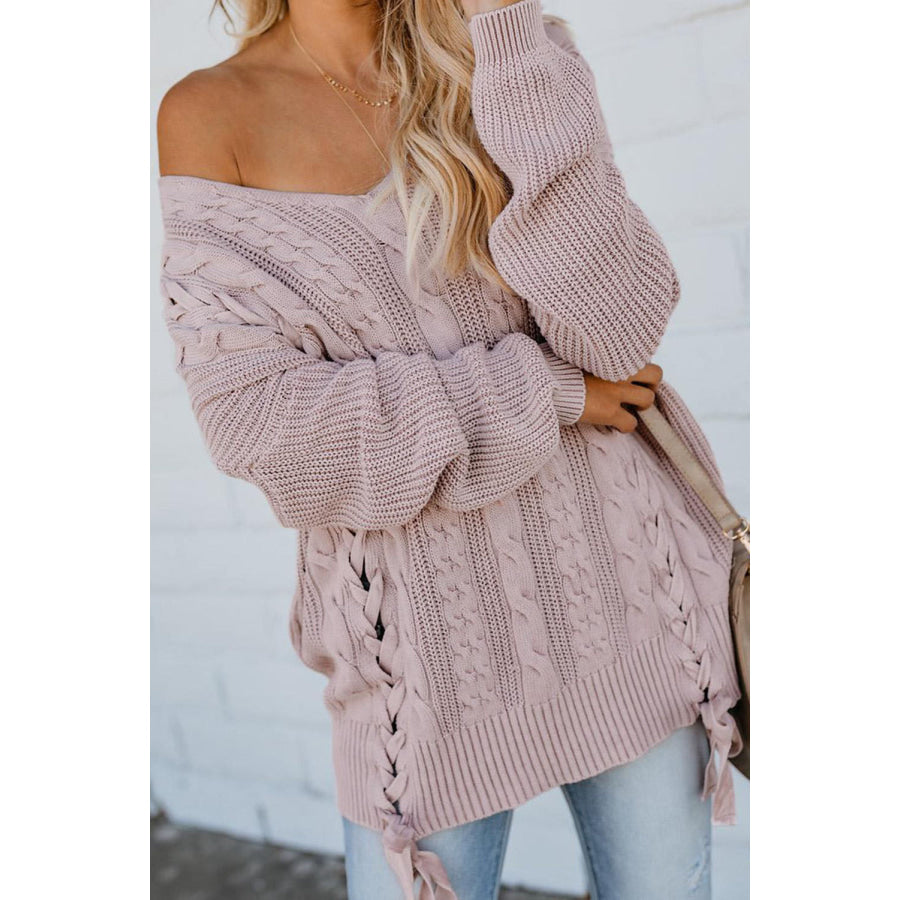 Cable Knit Lace Up V-Neck Sweater Apparel and Accessories