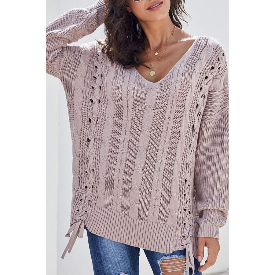 Cable Knit Lace Up V-Neck Sweater Dusty Pink / S Apparel and Accessories