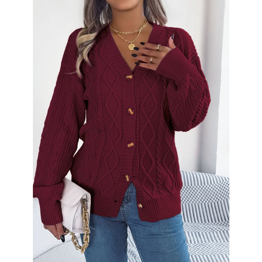 Cable-Knit Long Sleeve Cardigan Burgundy / S Apparel and Accessories