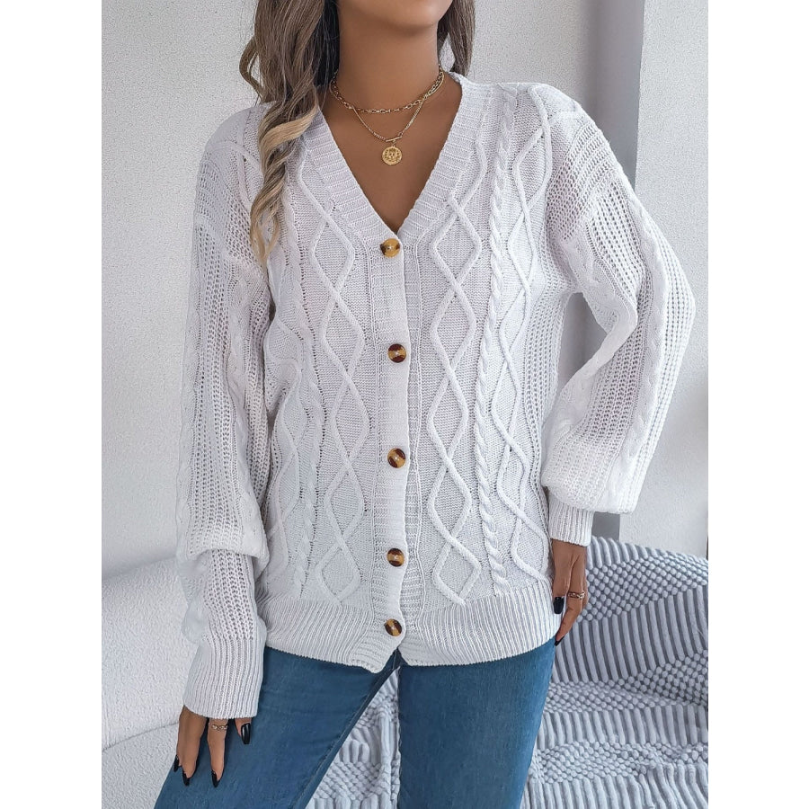 Cable-Knit Long Sleeve Cardigan White / S Apparel and Accessories