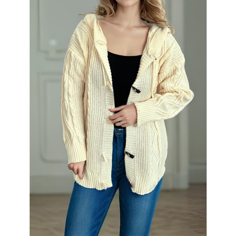 Cable-Knit Long Sleeve Hooded Cardigan Beige / One Size Apparel and Accessories