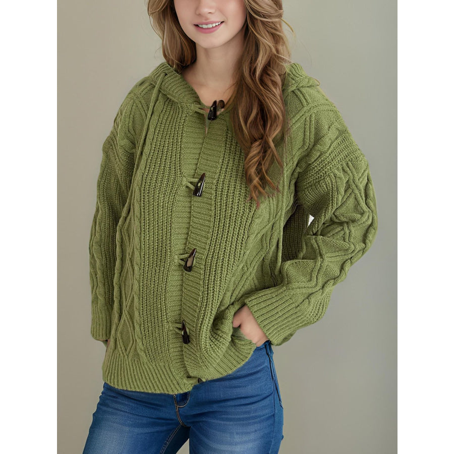 Cable-Knit Long Sleeve Hooded Cardigan Moss / One Size Apparel and Accessories