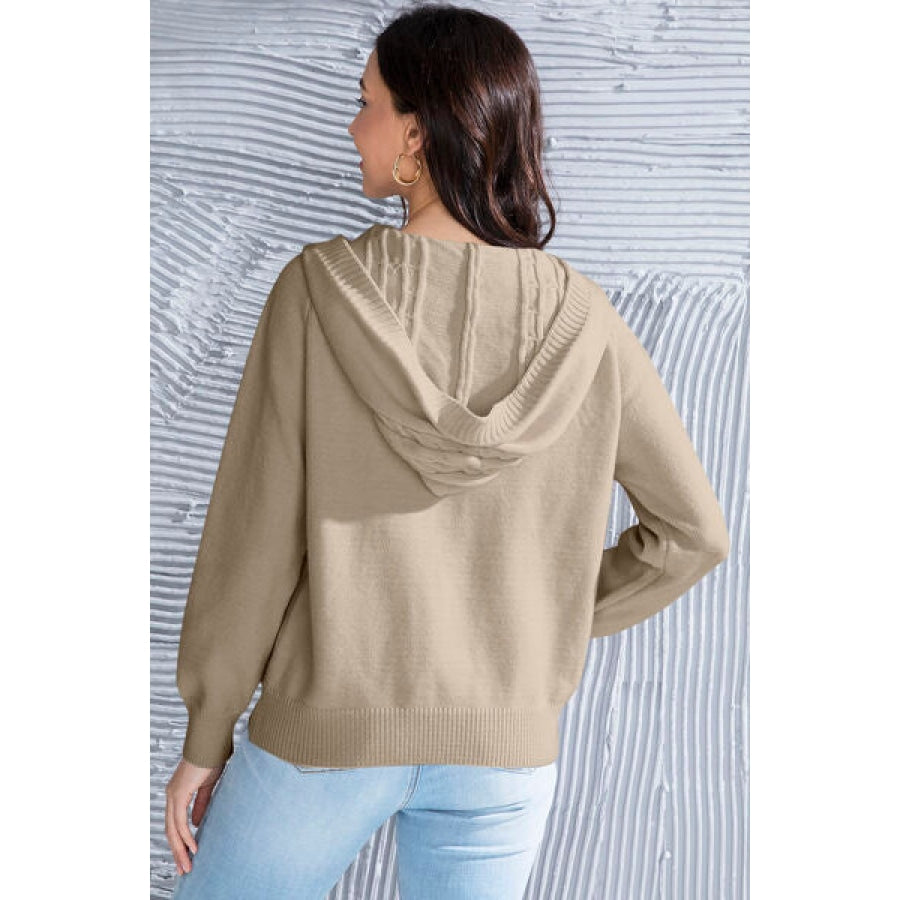 Cable Knit Long Sleeve Hooded Sweater Khaki / S Apparel and Accessories