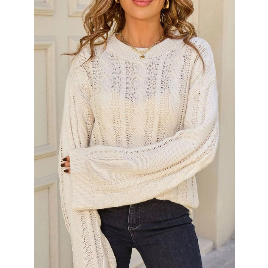 Cable Knit Long Sleeve Sweater Apricot / S Apparel and Accessories