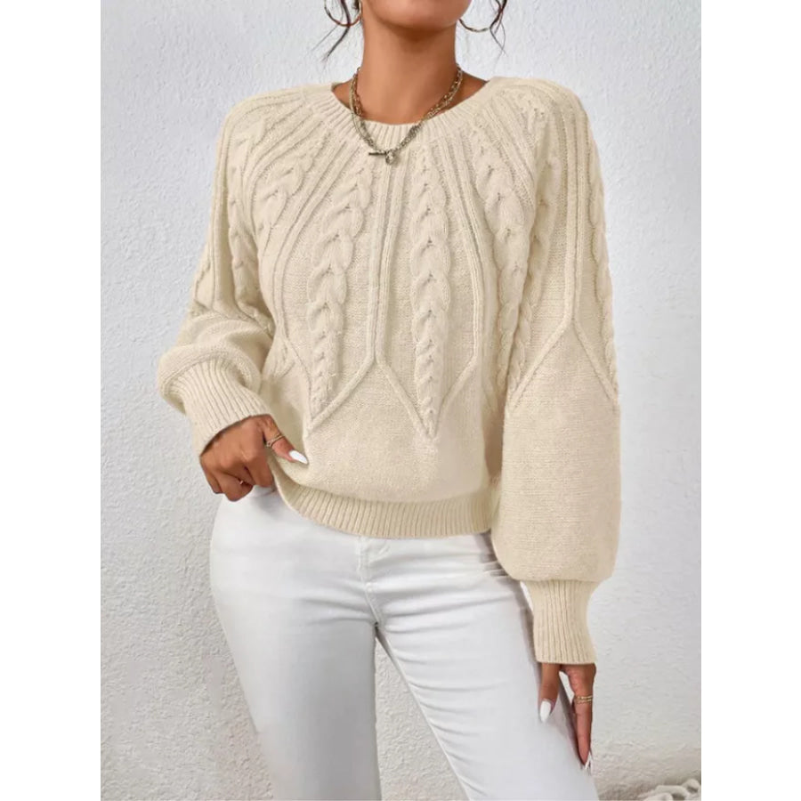 Cable Knit Long Sleeve Sweater Apricot / S Apparel and Accessories