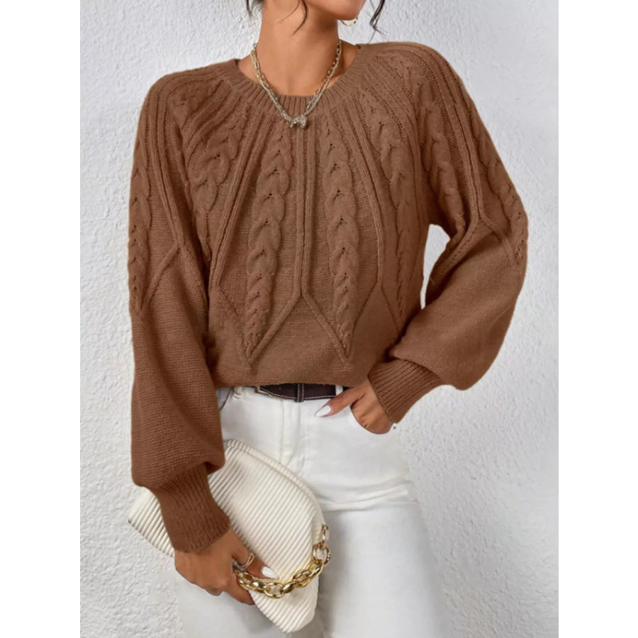 Cable Knit Long Sleeve Sweater Brown / S Apparel and Accessories
