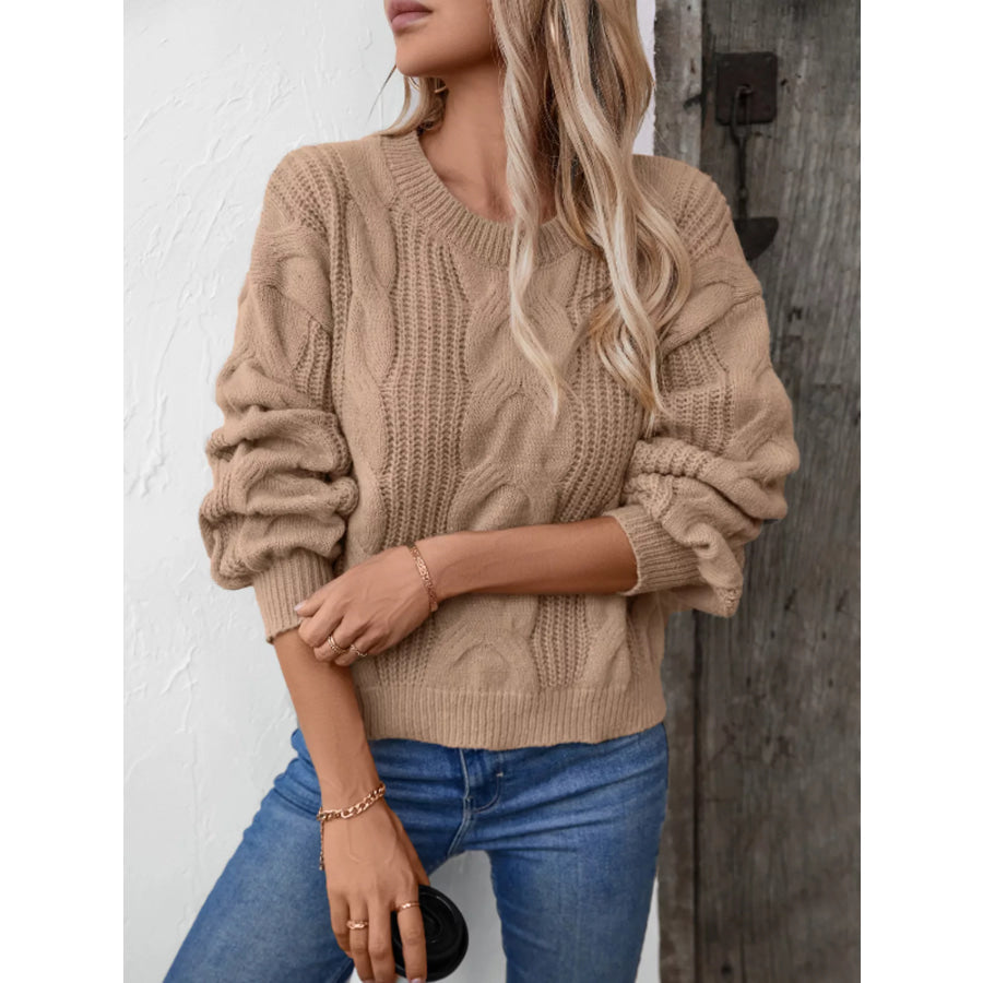 Cable Knit Long Sleeve Sweater Camel / S Apparel and Accessories