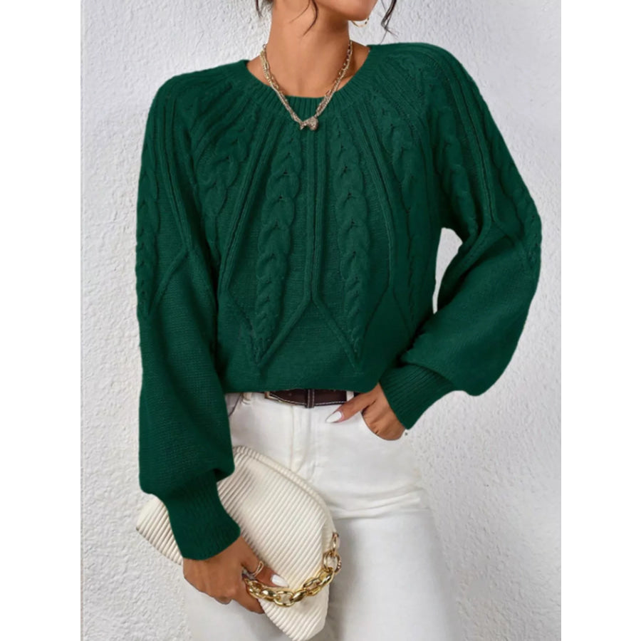 Cable Knit Long Sleeve Sweater Dark Green / S Apparel and Accessories