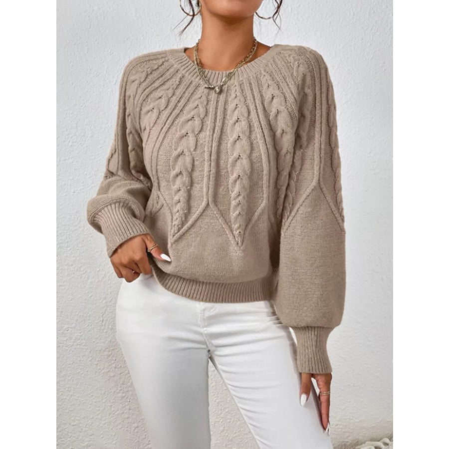 Cable Knit Long Sleeve Sweater Khaki / S Apparel and Accessories