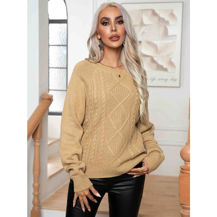 Cable-Knit Long Sleeve Sweater Khaki / S