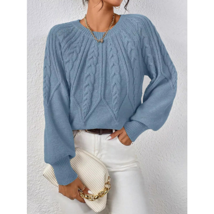 Cable Knit Long Sleeve Sweater Light Blue / S Apparel and Accessories
