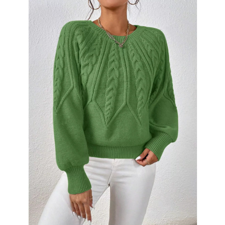 Cable Knit Long Sleeve Sweater Olive Green / S Apparel and Accessories