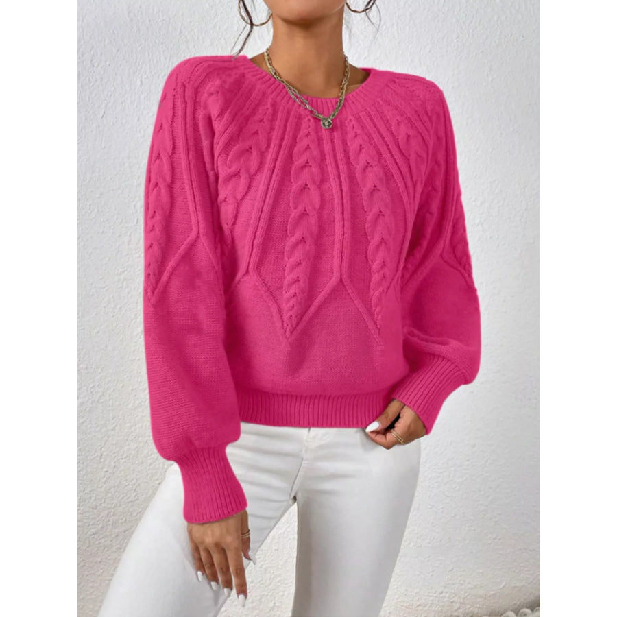 Cable Knit Long Sleeve Sweater Rose Red / S Apparel and Accessories