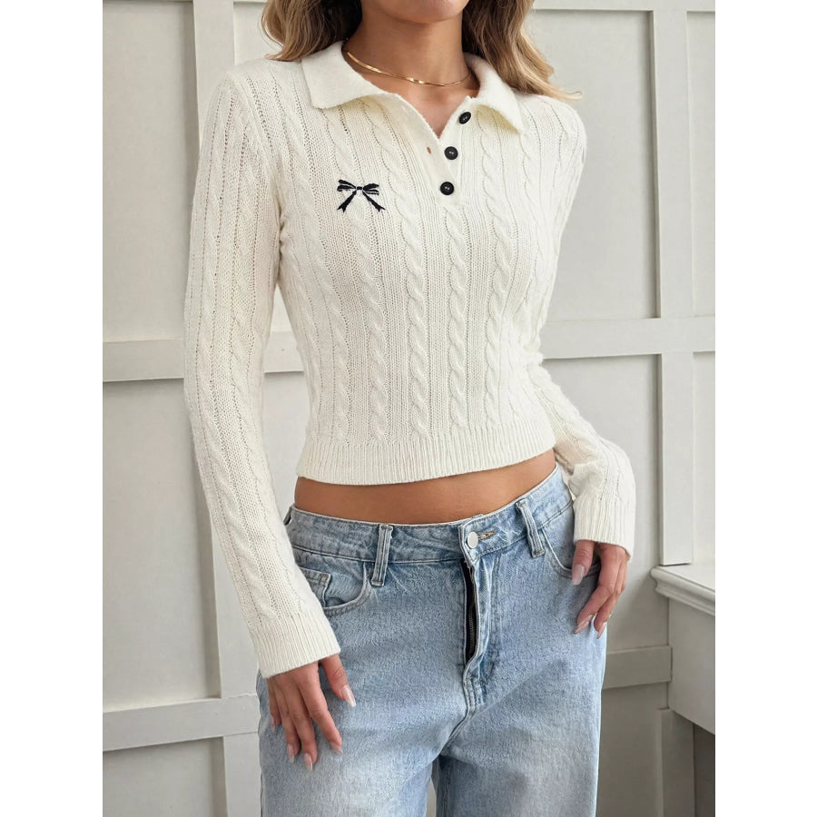 Cable Knit Long Sleeve Sweater White / S Apparel and Accessories