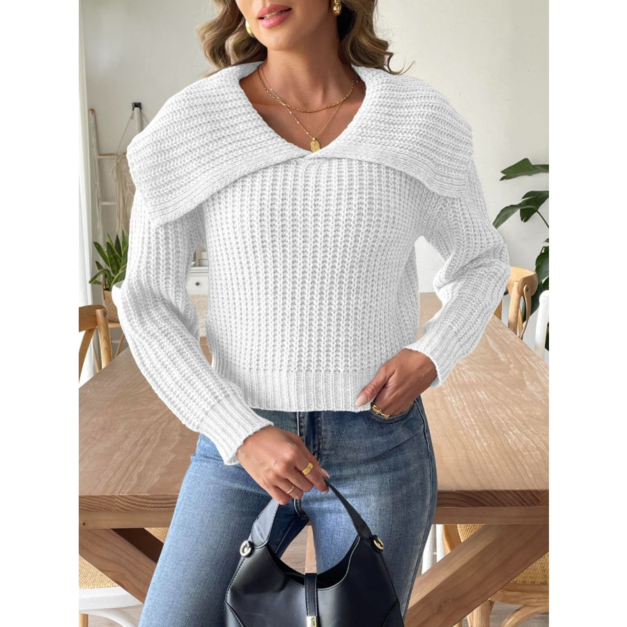 Cable-Knit Long Sleeve Sweater White / S Apparel and Accessories