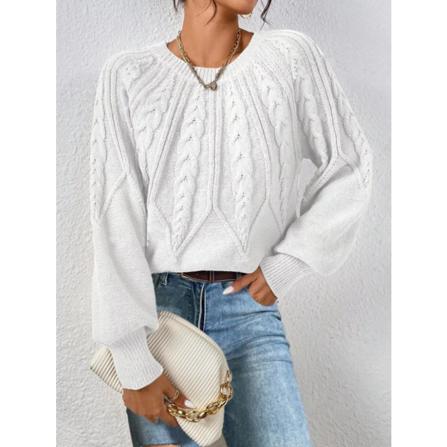 Cable Knit Long Sleeve Sweater White / S Apparel and Accessories