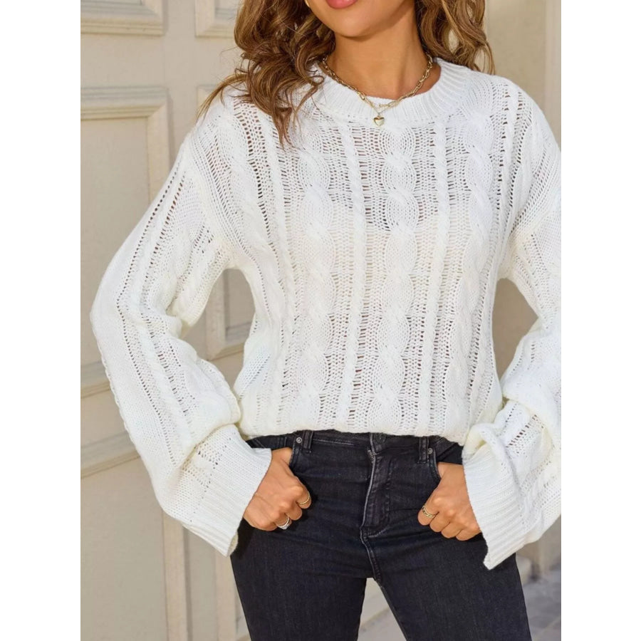 Cable Knit Long Sleeve Sweater White / S Apparel and Accessories