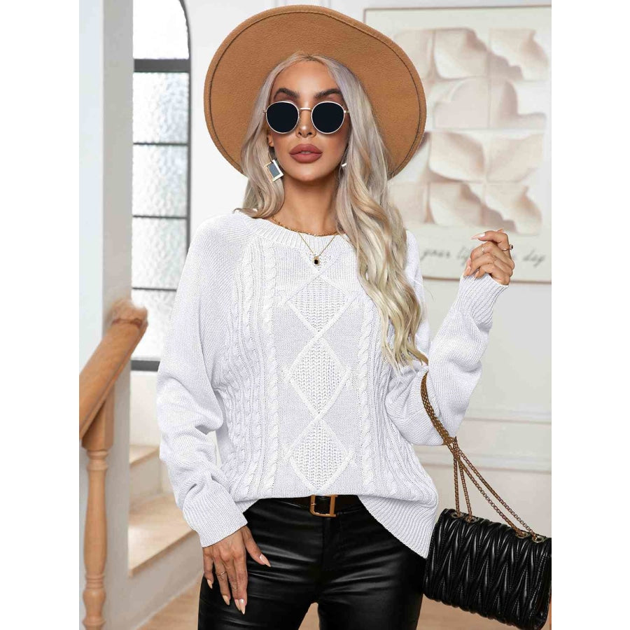 Cable-Knit Long Sleeve Sweater White / S