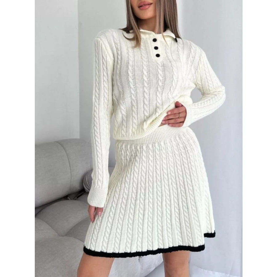 Cable Knit Long Sleeve Top and Skirt Sweater Set Apparel and Accessories