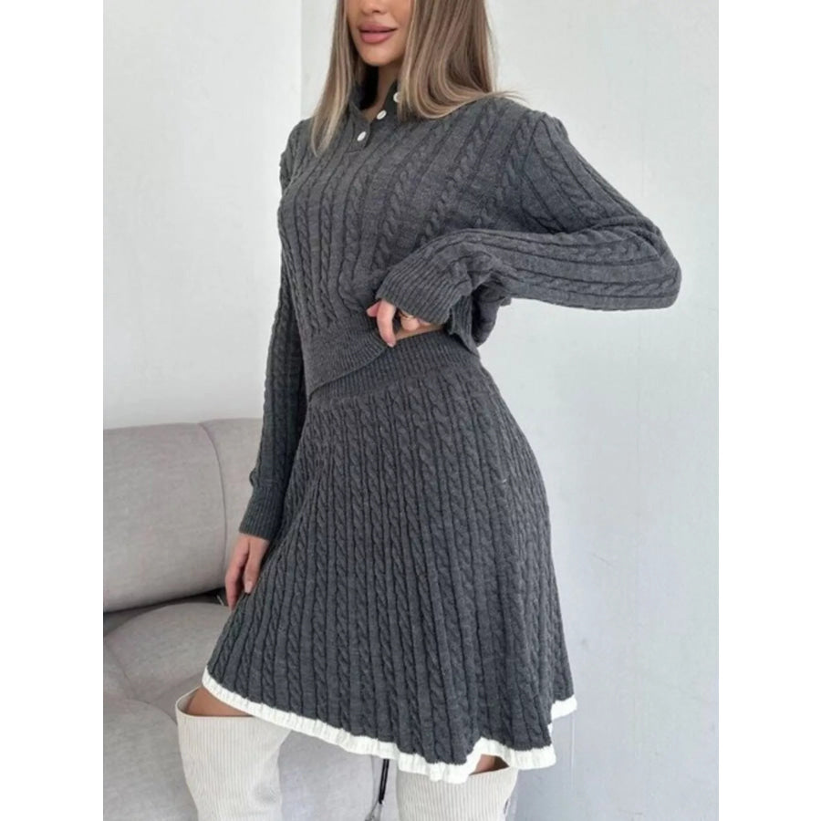 Cable Knit Long Sleeve Top and Skirt Sweater Set Apparel and Accessories